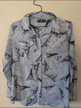 Karl Lagerfeld Light Blue Eiffel Tower Print Button-Up Blouse